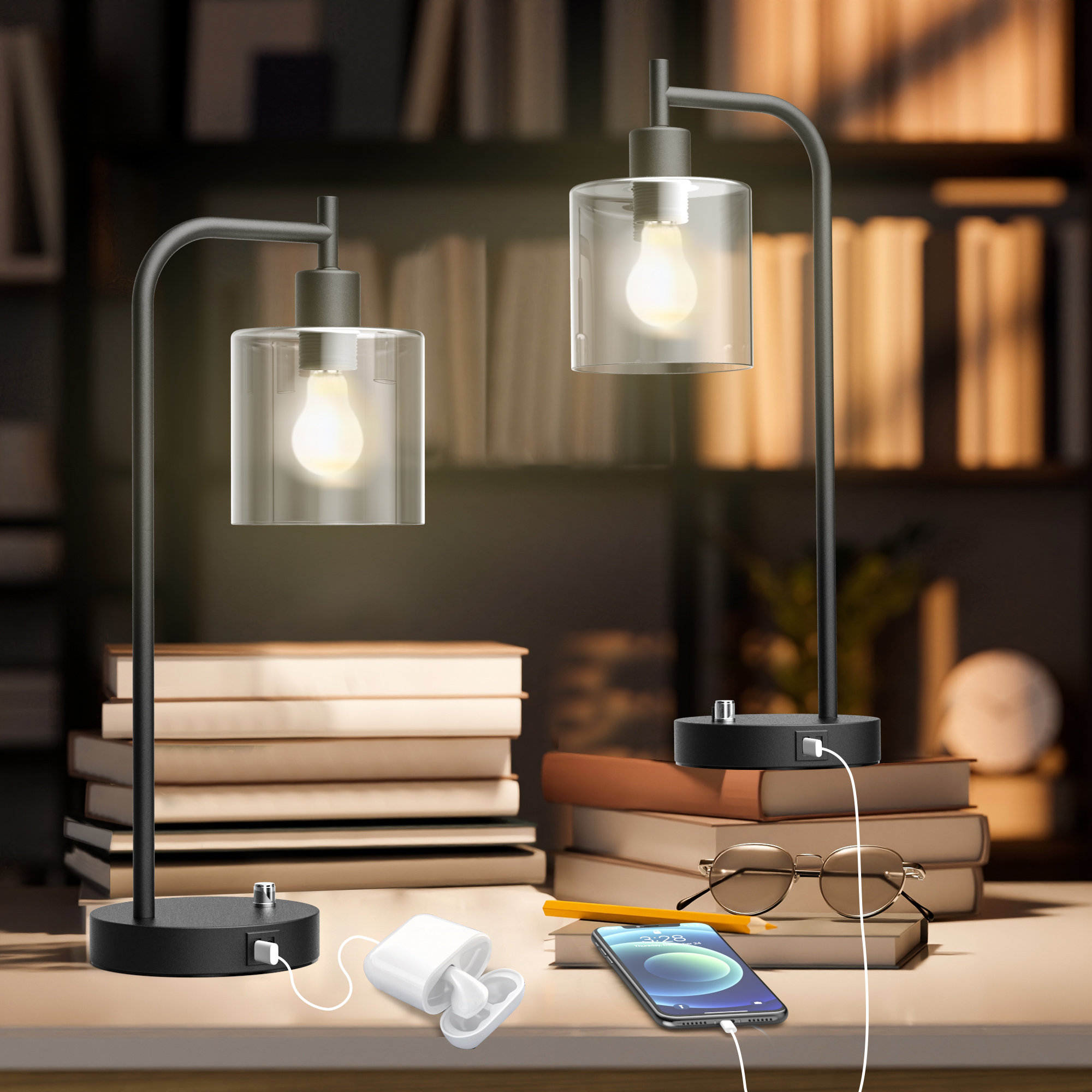 Latitude Run® Desk Lamp With USB Ports, and 2 Bulbs Included